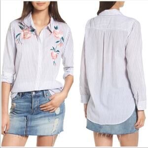 Rails Nevin Long Sleeve Button Down Shirt Pink Floral Embroidered Stripe Medium